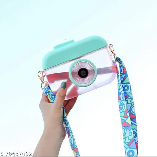 Multicolor camera-shaped kids water bottle with straw, ideal for schooling, travel, hiking, and outdoor activities. Made of BPA-free ABS co-polyester plastic