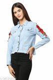 Denim jacket with embroidered floral patch, long sleeves, size S-XL. Trendy denim wear originating from India