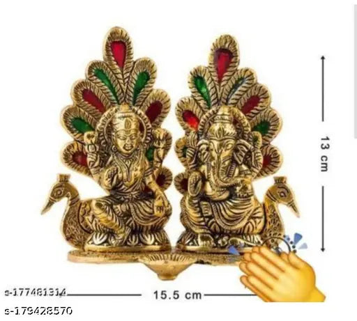 Aluminum Laxmi Ganesh ji Idol with peacock design, 15.5cm tall, handcrafted Indian artwork