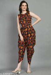 Brown owl printed crepe sleeveless jumpsuit for women and girls, stylish outfit on hanger