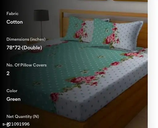 Green dotted Blinkberry elastic fitted bedsheets with 2 king size pillow covers, 18x28 inches. Superfine cotton quality, 250 thread count. Ideal for adult use in mild winter season. Made in India