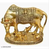 Golden metal Kamdhenu Cow with calf idol, Indian pooja samagri for home decor