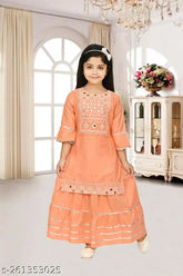 Kids rayon A-line kurta set, embellished sleeve, 3/4 sleeves, knee-length skirt - Indian children's fashion