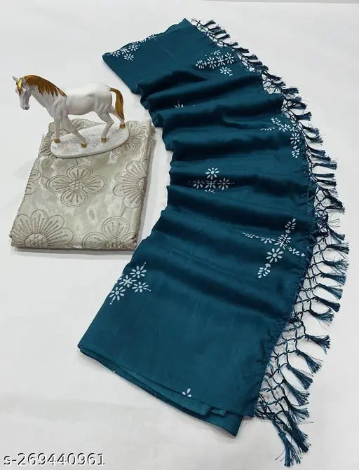 Teal muslin cotton silk saree with satin banglori blouse, vibrant festive party wear designer saree