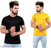 Black cotton blend round neck t-shirt by CAZORA with yellow accents, ideal for men's casual wear