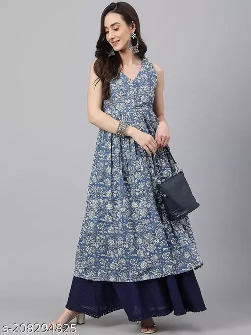 Blue cotton floral print flared kurta, Indian handcrafted, V-neck, sleeveless, fitted, and flared design