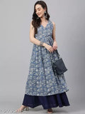 Blue cotton floral print flared kurta, Indian handcrafted, V-neck, sleeveless, fitted, and flared design