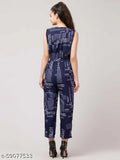 Navy Blue Poly Crepe Printed Net Sleeveless Trendy Jumpsuit, women's fashion for casual outings