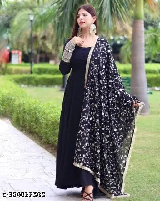Black georgette Anarkali long sleeve embroidered kurta with dupatta set - traditional party wear for women