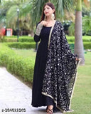 Black georgette Anarkali long sleeve embroidered kurta with dupatta set - traditional party wear for women