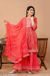 Rayon peach embroidered Anarkali set with dupatta and sharara, festive collection, India-made