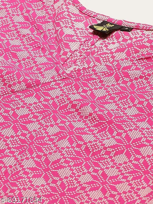Pink cotton Japer Kurtti geometric print V-Neck wrap top, half sleeve, front dori embellishment