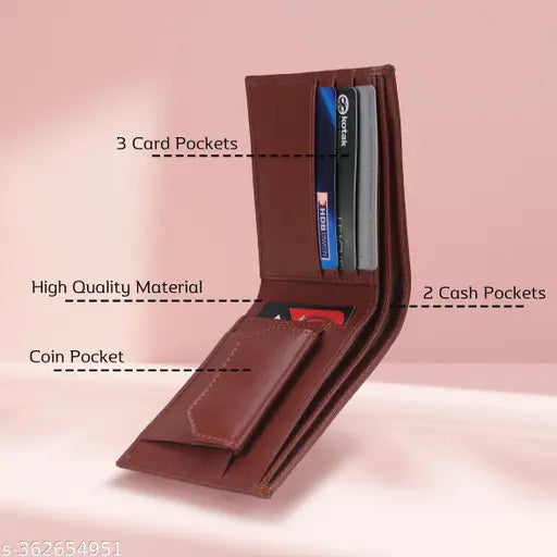 TAQWA Tan PU Wallet for Men (8 Card Slots), solid leather feel, compact & durable bi-fold design with textured body and additional card slots