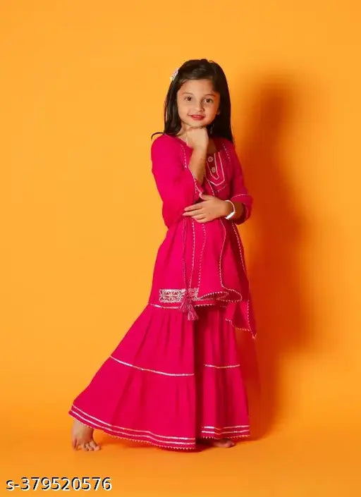Girls Rayon printed suit set, rayon dupatta with organza sleeves and bottomwear - solid patterned children's clothing from India