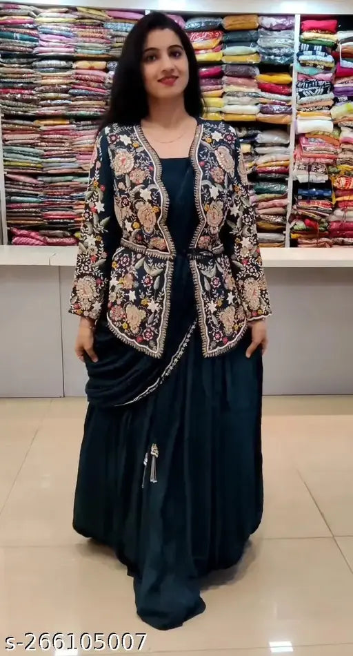 Green silk designer gown with koti and dupatta by New Party Wear, free size (bust 40in, length 42in), Indian fashion