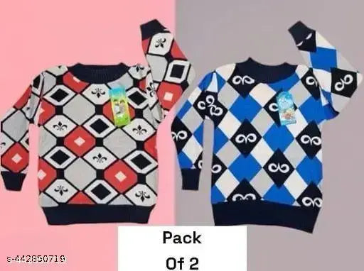 Handmade soft woolen baby sweater in red and blue argyle pattern, perfect for toddlers aged 1-3 years