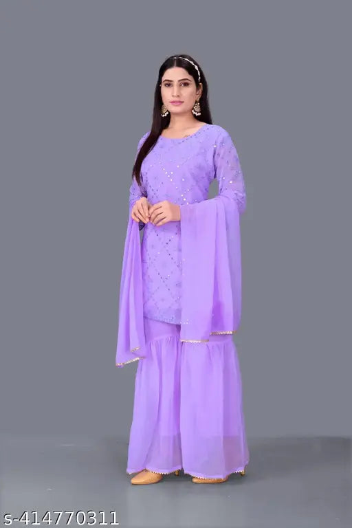 Georgette women's Sharara Salwar Suit Set with embellished dupatta and bottomwear, ready-to-wear, stitched, three-quarter sleeves