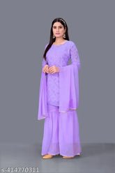 Georgette sharara salwar suit set for women, embellished three-quarter sleeve, stitched ready-to-wear, India origin