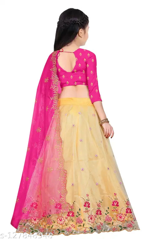 Embroidered kids lehenga choli set in semi-stitch net fabric with cut work border, dupion silk lehenga and net dupatta, three-quarter sleeves. Indian children's traditional clothing for 8-12 years old, 1.7m flair, unstitched blouse