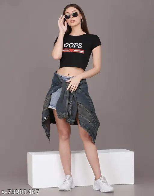 Classic Fashionable women's cotton blend crop t-shirts, printed design, short sleeves, India origin