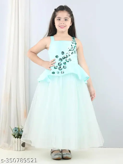 Sea Green net peplum dress for girls, stylish full-length partywear with sleeveless design, India origin