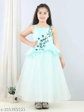 Sea Green net peplum party dress for girls, stylish full length design with sleeveless, printed pattern. Size options available from 1-2 years to 4-5 years