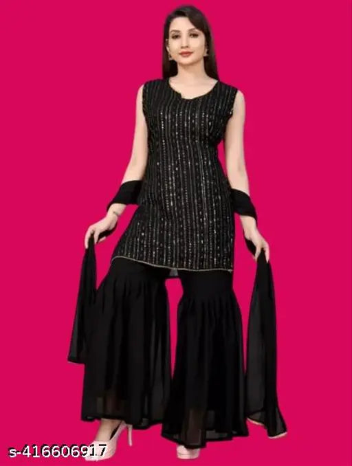 Black faux georgette kurta with sequin embellishment, floor-length sharara pants, dupatta, and matching blouse