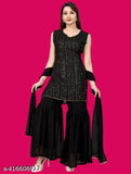 Black faux georgette kurta with sequin embellishment, floor-length sharara pants, dupatta, and matching blouse