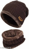 Brown acrylic beanie & scarf set, fur-lined winter wear for men - stylish, self-designed, one size