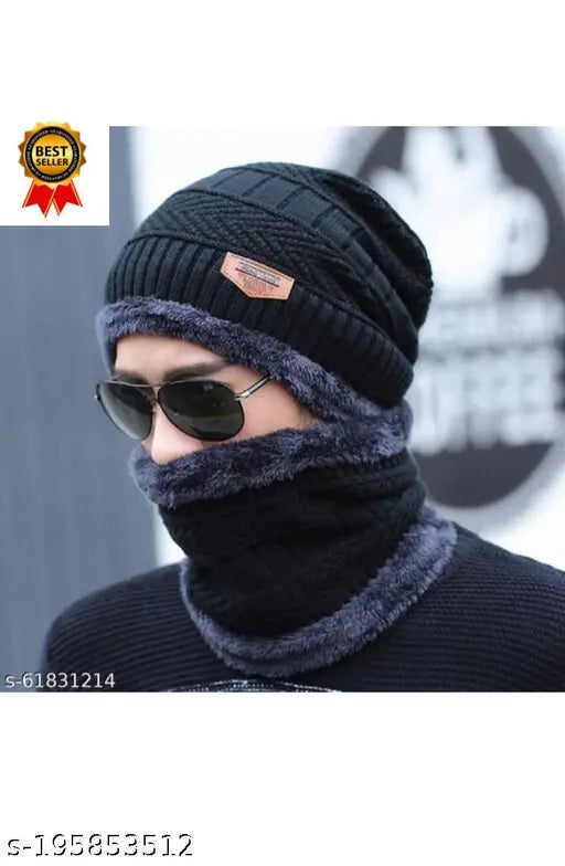 Wool winter cap & muffler combo, self-design pattern for men and women, cozy accessory in natural setting