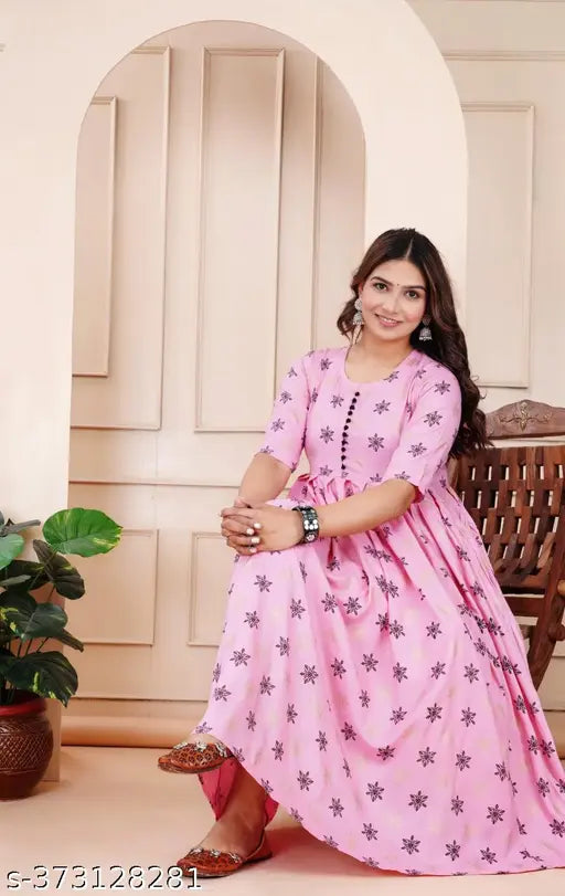Rayon printed Anarkali flared kurti for women, three-quarter sleeves, perfect for office or casual wear, India origin