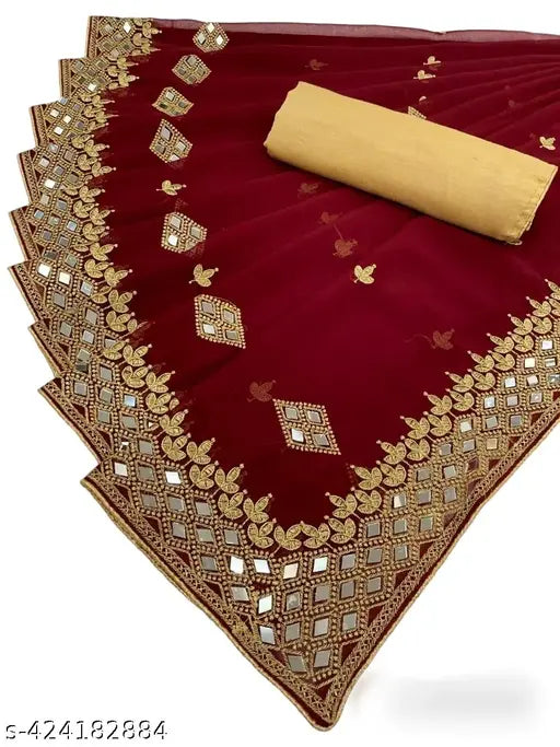 Georgette Kaju Mirror Embroidered Bollywood Saree for Durga Puja, Wedding, Party, Festival wear