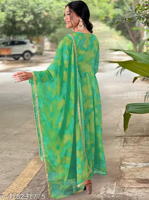 Georgette floral print gown with dupatta set for women's functions, Indian-style Anarkali long churidar sleeve kurta dress