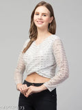 Embellished net polyester knot style tinsel bling top in long sleeves, India-made, size S (34in bust, 16in length)
