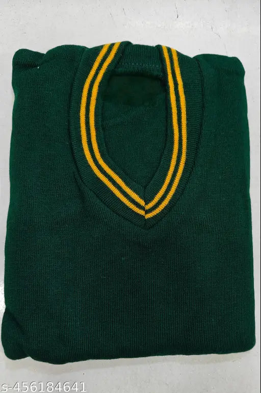 Green yellow wool sweater for school, solid pattern, long sleeves, suitable for children's sizes 3-4 to 9-10 years, made in India
