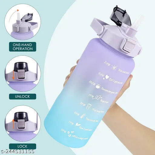 Multicolor motivational 2L water bottle with straw, BPA-free, leakproof, flip cap, portable. Features time markings, 360° leakproof design, and easy-to-clean wide mouth. Ideal for fitness or daily use