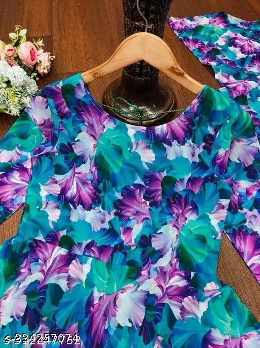 Blue printed net Georgette gown with Bamboo inner fabric and matching Georgette dupatta, women's royal-style Indian bridal wear