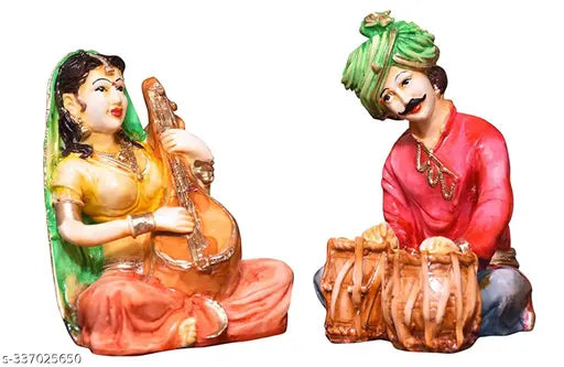 Resin Rajasthani Musicians Showpiece, 2-pack handmade figurines for home decor, Indian artisan crafted musical showpiece for living room or dining room