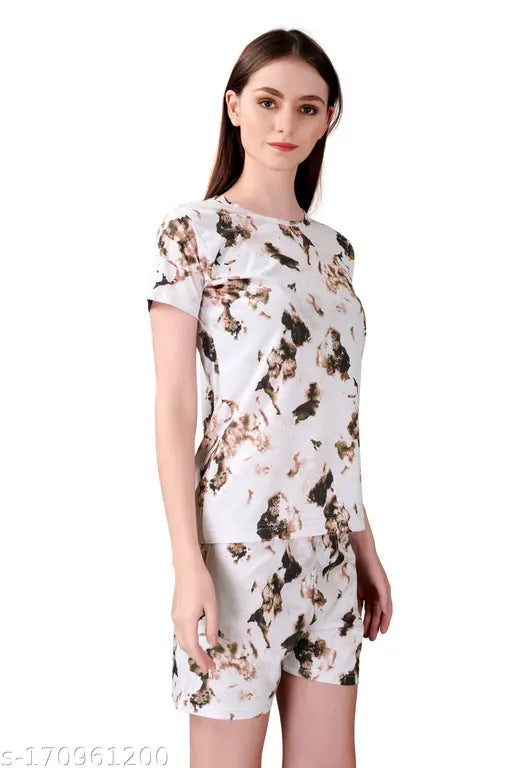 Colorful printed silk top & shorts set (S, M, L, XL) - attractive casual dailywear for women