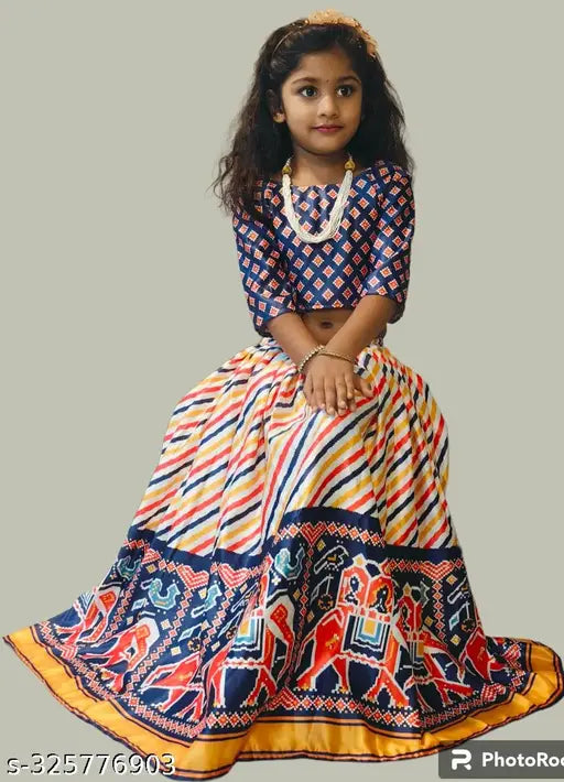 Printed satin lehengha choli for girls aged 5-10 years, featuring Leheriya pattern and three-quarter sleeves. Indian craftsmanship on display