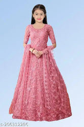 Ethnic net gown, embroidered pattern, short sleeves, kids fashion, pink, Indian origin (size: 10-11, 11-12, 12-13 years)