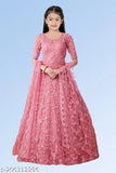 Ethnic net gown, embroidered pattern, short sleeves, kids fashion, pink, Indian origin (size: 10-11, 11-12, 12-13 years)