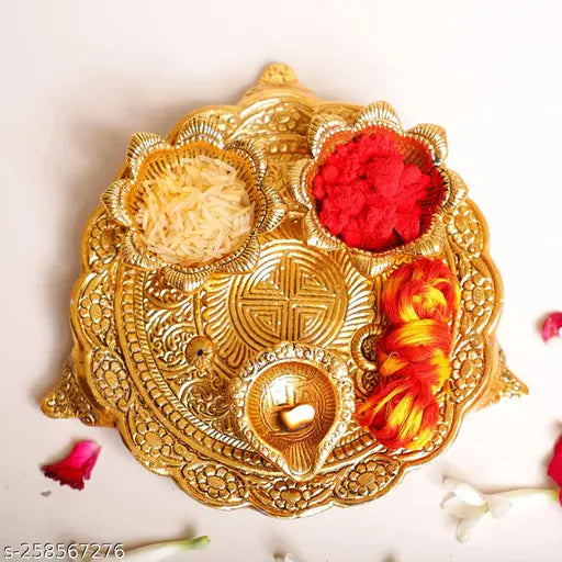 Brass Pooja Thali Set with 3 Diya, intricately designed handicraft for home, kitchen, office, or gift. Measures 18x18x4 cm