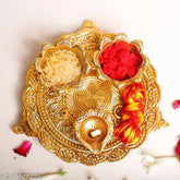 Brass Pooja Thali set with 3 diyas, traditional Indian handicraft for home/kitchen/office gifting, 18x18x4 cm size