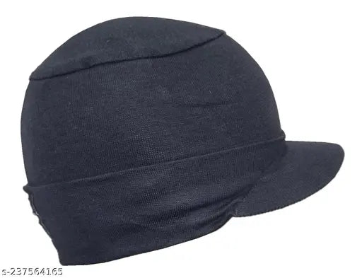 Black cotton beanie cap with visor - solid design, stretch lycra, unisize from India