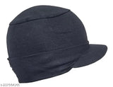 Black cotton beanie cap with visor - solid design, stretch lycra, unisize from India