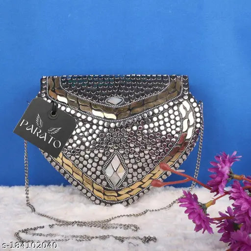 Handmade silver heart sheep style party clutch slingbag, suede, embroidered net, unique Indian artisan work, free size (L7in x W4in)