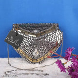 Handmade silver heart sheep style party clutch slingbag, suede, embroidered net, unique Indian artisan work, free size (L7in x W4in)
