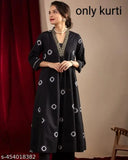 Unique rayon kurti, trendy long embroidery design, solid color, three-quarter sleeves. Indian women's fashion apparel on hanger