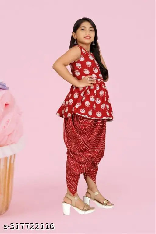 Stylish rayon kurta set with matching salwar and dupatta, printed and sleeveless for girls aged 4-13 years (size details in image), Indian origin